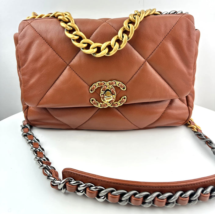 Chanel Lambskin Quilted Medium Chanel 19 Flap Caramel Brown