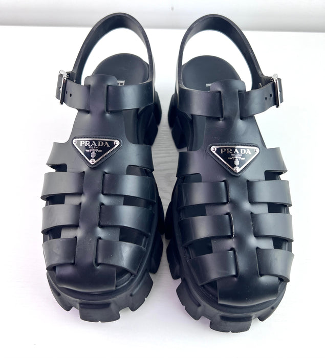 Prada Monolith Platform Fisherman Sandals Black Rubber