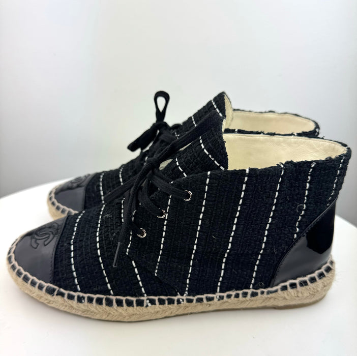 Chanel Tweed Calfskin Patent CC Lace Up Espadrilles