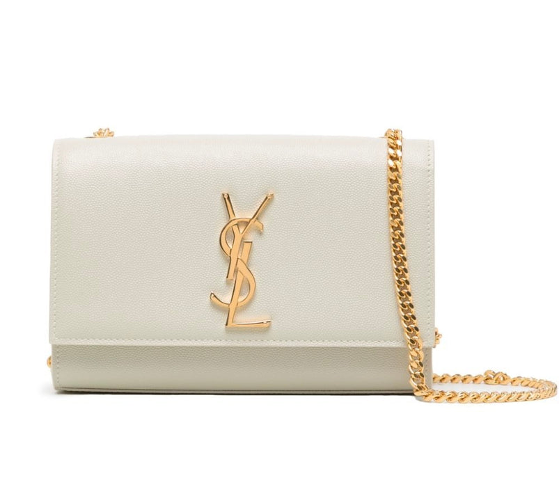 Saint Laurent Kate Small Grain De Poudre Shoulder Bag on Chain White