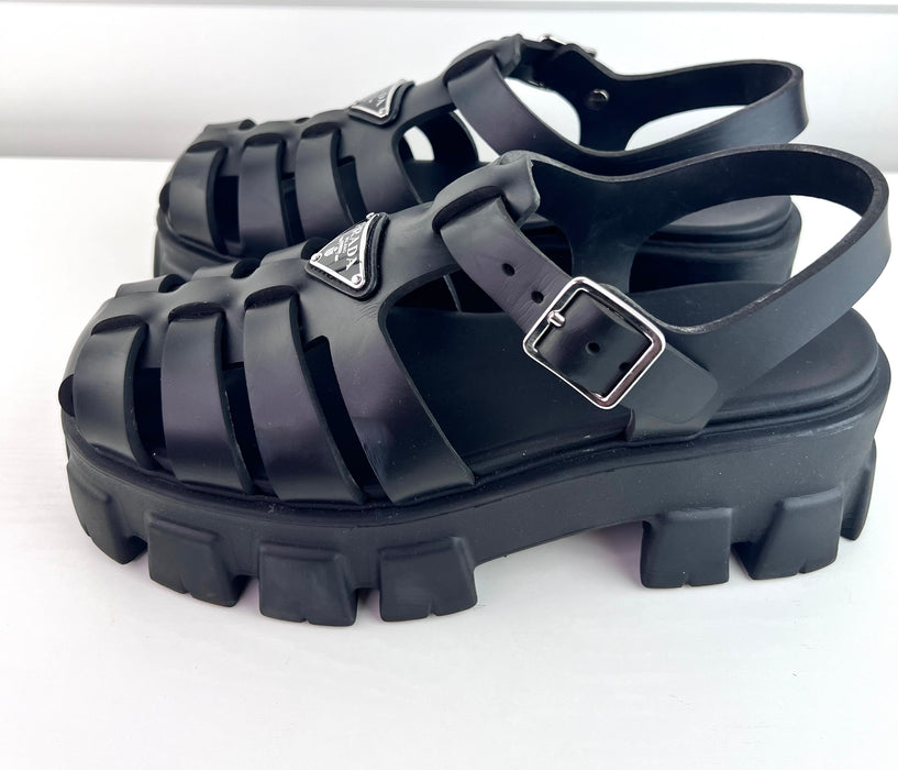 Prada Monolith Platform Fisherman Sandals Black Rubber