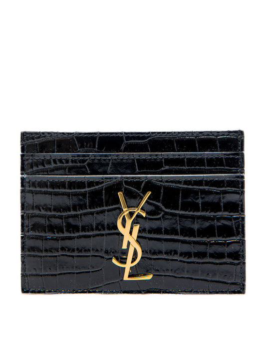 Saint Laurent Monogram Card Case Croc Embossed Shiny Leather