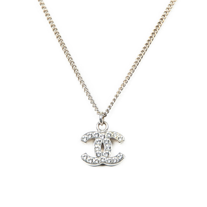 Chanel CC Crystal Pendant Necklace Silver