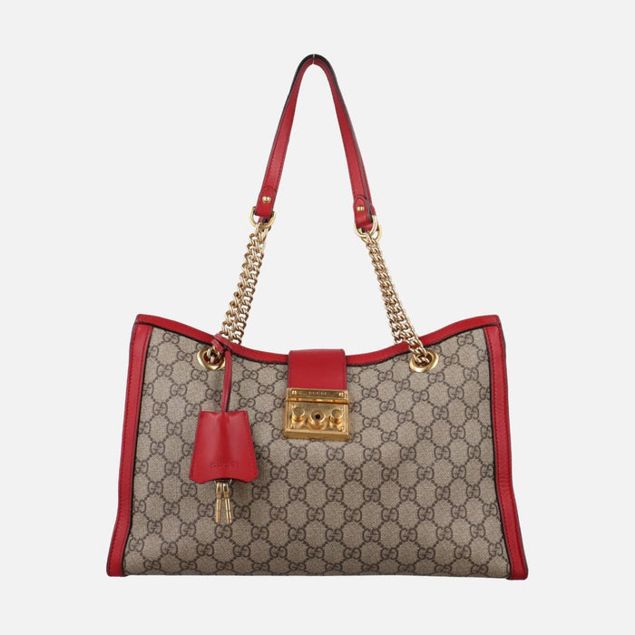 Gucci Beige/Red GG Supreme Coated Canvas and Leather Padlock Tote Bag