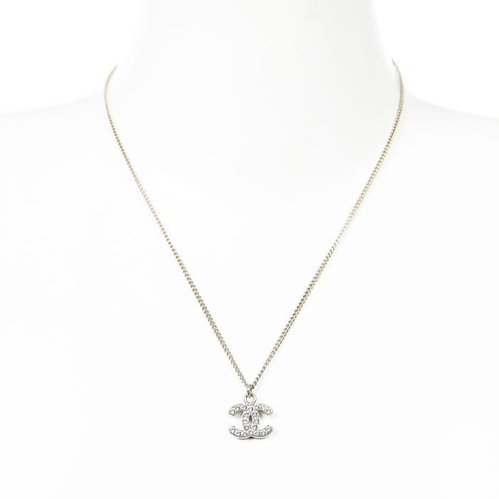 Chanel CC Crystal Pendant Necklace Silver