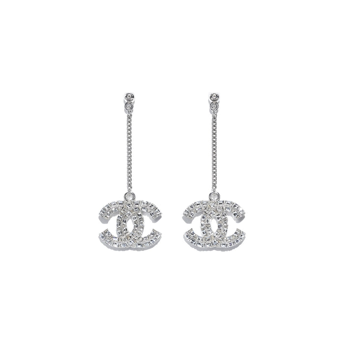 Chanel Silver Metal ans Crystal Strass Dangling CC Earrings 