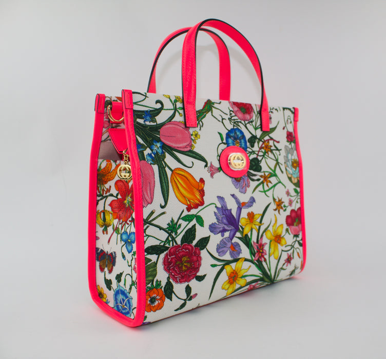 GUCCI FLORA MEDIUM LEATHER-TRIMMED PRINTED CANVAS TOTE