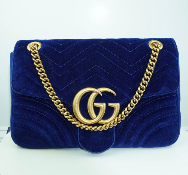 Gucci GG Marmont Medium Quilted velvet blue bag