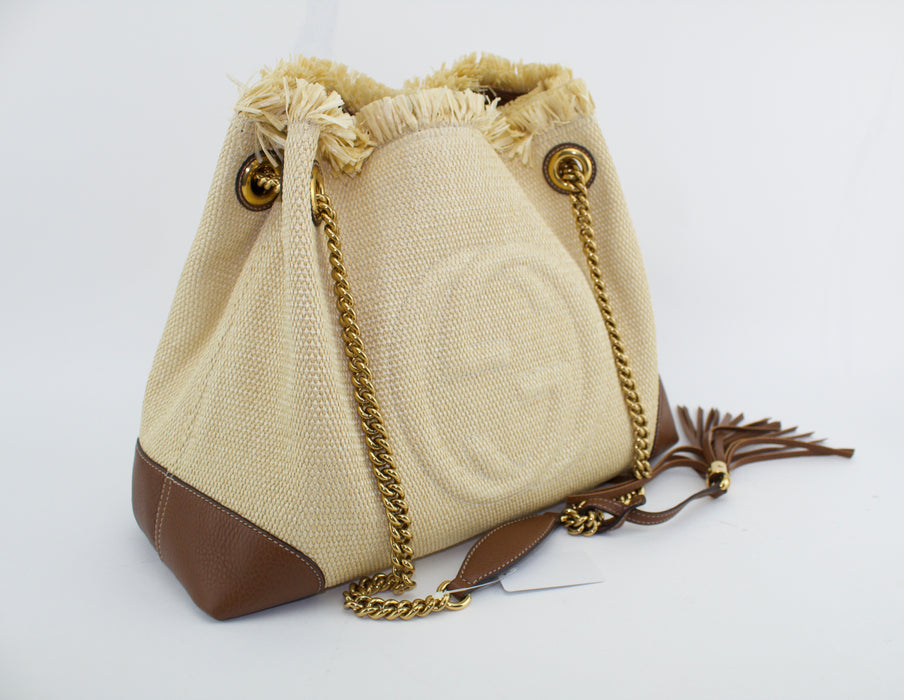 GUCCI RAFFIA AND LEATHER SOHO CHAIN TOTE BAG