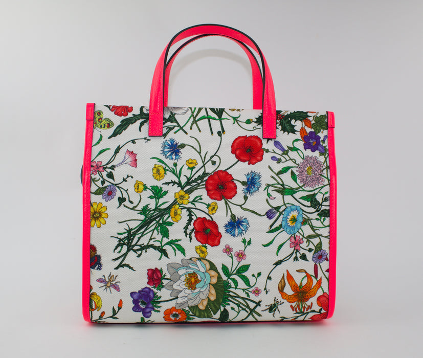 GUCCI FLORA MEDIUM LEATHER-TRIMMED PRINTED CANVAS TOTE