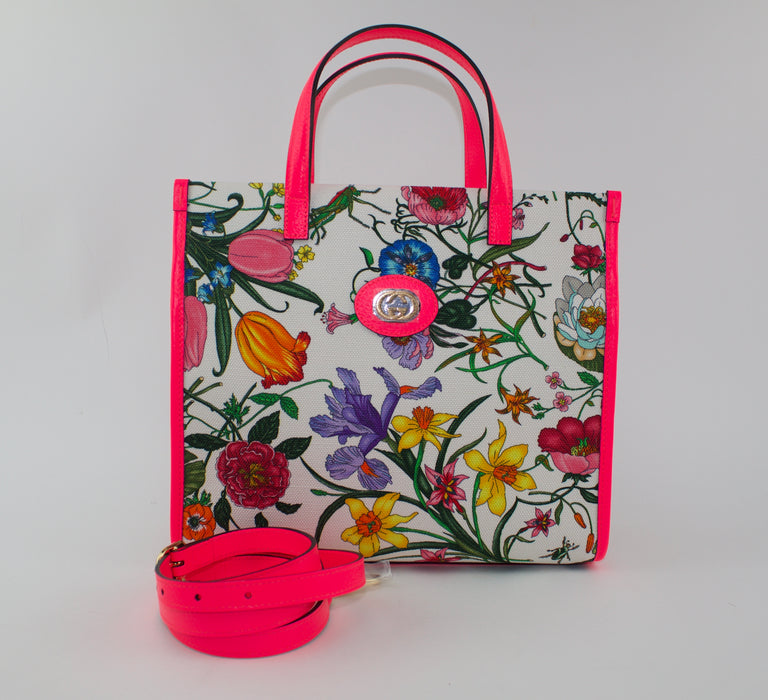 GUCCI FLORA MEDIUM LEATHER-TRIMMED PRINTED CANVAS TOTE