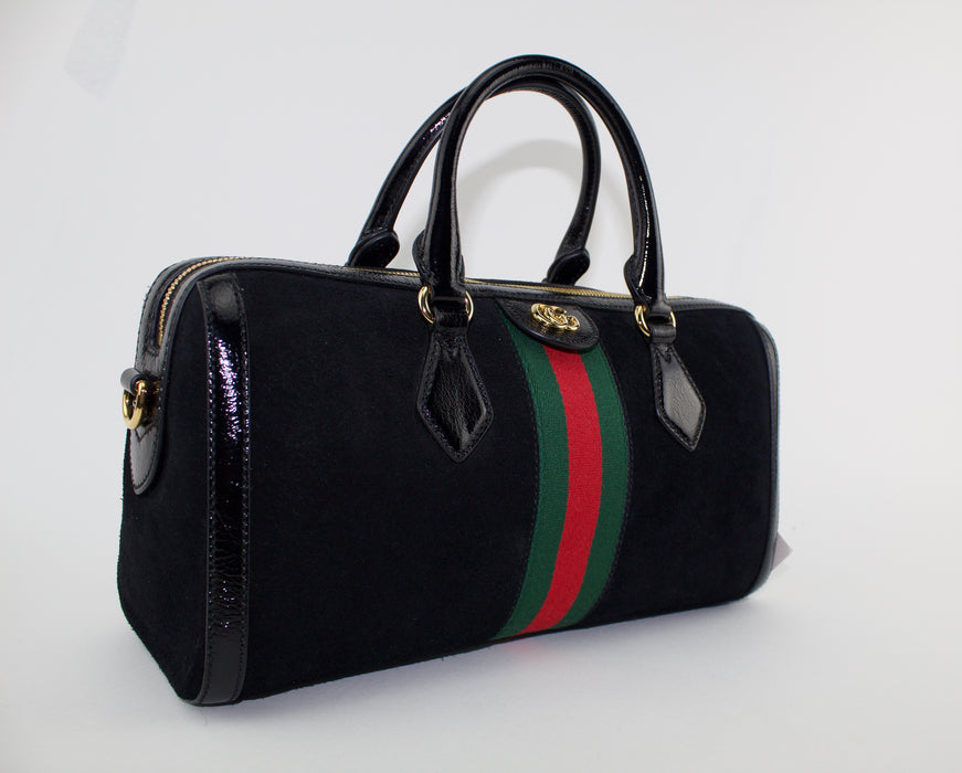 GUCCI BLACK OPHIDIA BOSTON SUEDE BAG