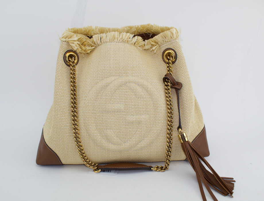 GUCCI RAFFIA AND LEATHER SOHO CHAIN TOTE BAG