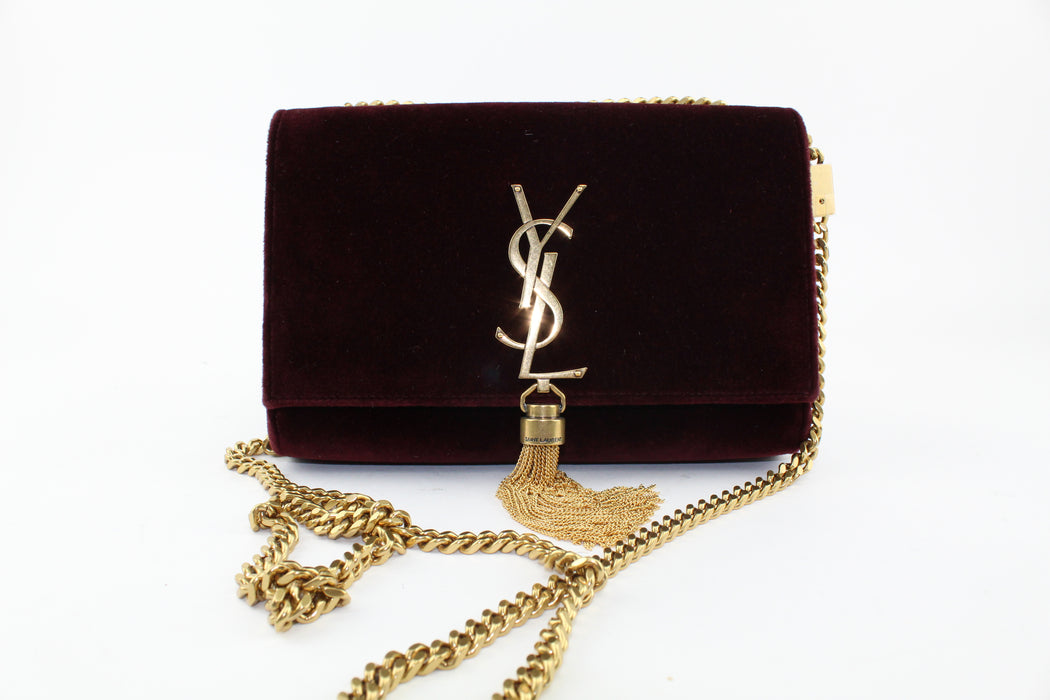 Saint Laurent Kate Small With Tassel In Velvet In Dark Legion Red